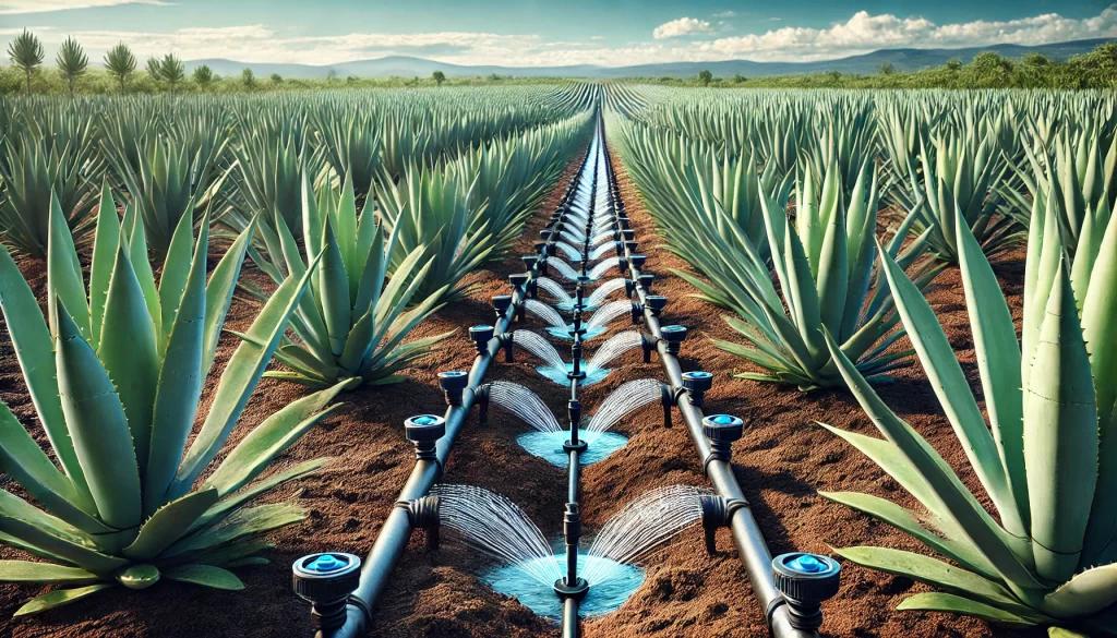 DALL·E 2024 08 20 11.14.31 A highly realistic image of a drip irrigation system in an agave plantation. The image shows rows of mature agave plants with thick blue green leaves,