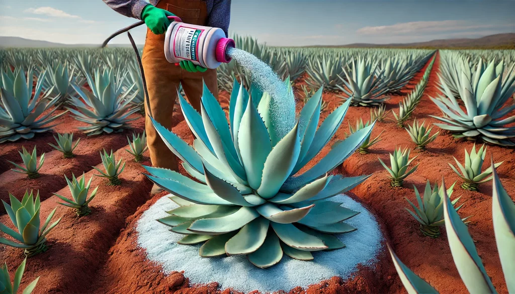 DALL·E 2024 08 20 11.16.12 A highly realistic image showing the application of fertilizer to a mature agave plant. The agave has thick blue green leaves and is planted in reddis