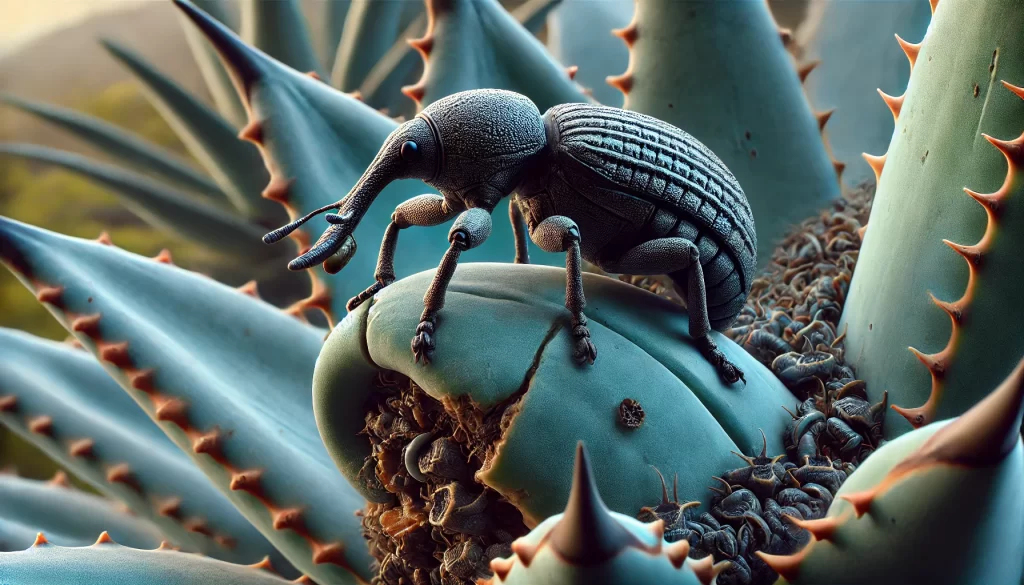 DALL·E 2024 08 20 11.18.01 A highly realistic image of an agave weevil (Scyphophorus acupunctatus), commonly known as the Picudo del Agave, on an agave plant. The weevil is show