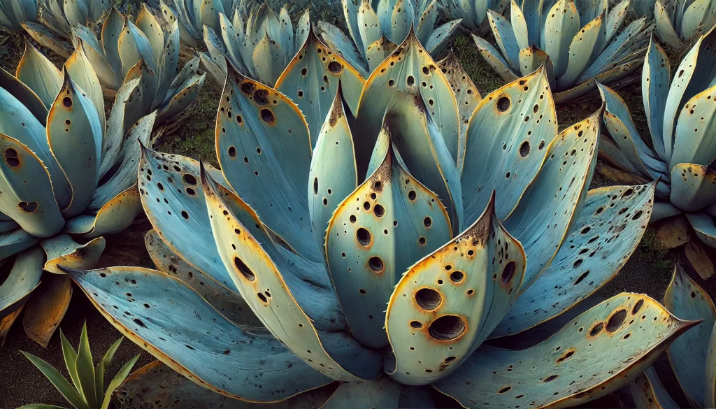 DALL·E 2024 08 20 11.18.46 A highly realistic image of leaf spots on an agave plant, a common symptom of fungal or bacterial infections. The agave plant is shown with thick, blu