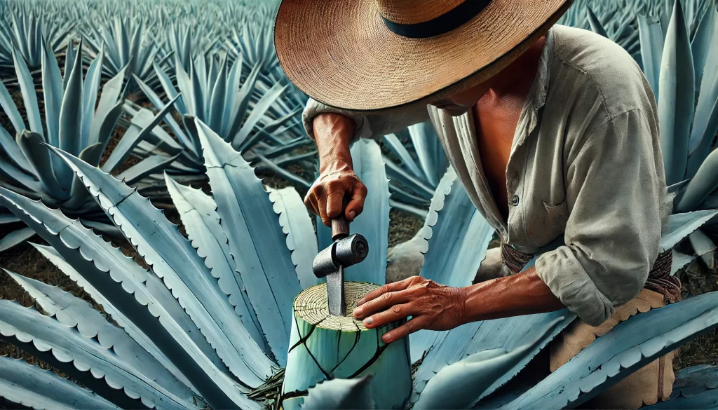 DALL·E 2024 08 20 11.20.41 A highly realistic close up image of a Mexican farmer harvesting agave in a traditional setting. The farmer, wearing a wide brimmed hat and traditiona