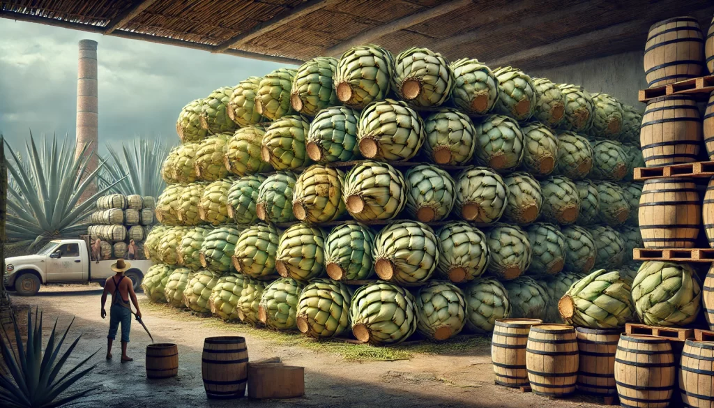 DALL·E 2024 08 20 11.21.32 A highly realistic image of harvested agave being stored. The scene shows large agave hearts, known as 'piñas,' stacked neatly in a storage area. The