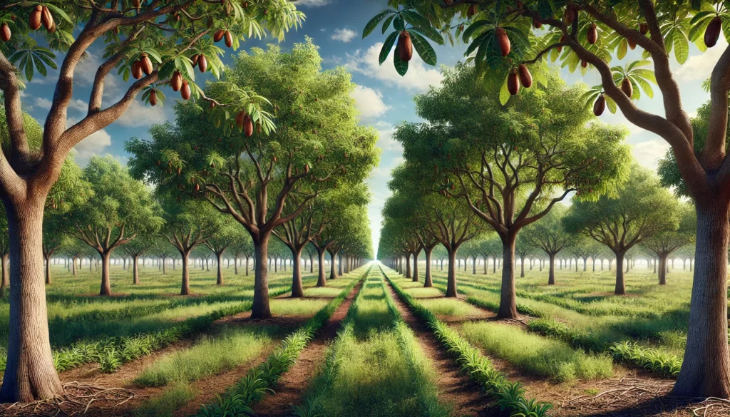 DALL·E 2024 08 20 11.25.29 A highly realistic image of a pecan (Carya illinoinensis) orchard in a rural setting. The scene shows rows of mature pecan trees with wide, leafy cano