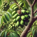 DALL·E 2024 08 20 11.26.34 A highly realistic close up image of a pecan tree (Carya illinoinensis) with a focus on the nuts. The scene captures clusters of pecans still in their