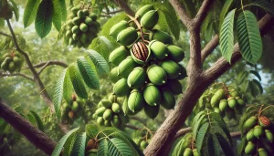 DALL·E 2024 08 20 11.26.34 A highly realistic close up image of a pecan tree (Carya illinoinensis) with a focus on the nuts. The scene captures clusters of pecans still in their