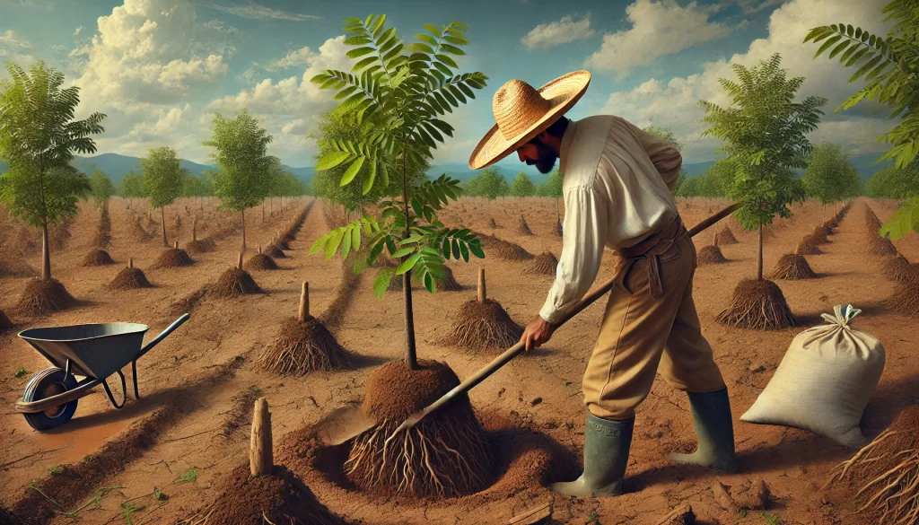 DALL·E 2024 08 20 11.31.51 A highly realistic image of a Mexican farmer planting a young pecan tree (Carya illinoinensis) in a field. The farmer is dressed in traditional work c