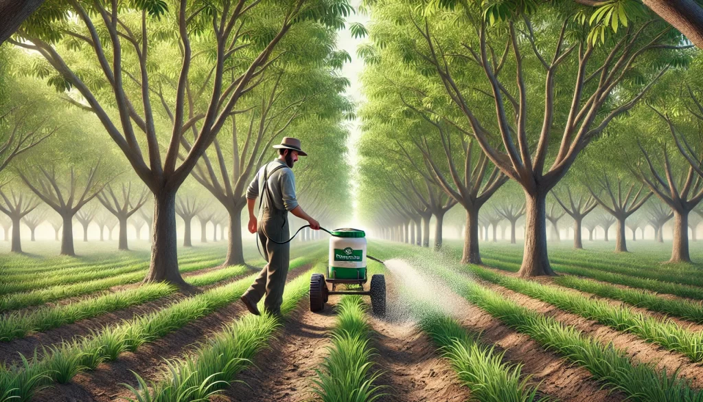 DALL·E 2024 08 20 11.35.16 A highly realistic image showing the fertilization of a pecan tree (Carya illinoinensis) orchard. The scene depicts a farmer applying granular fertili