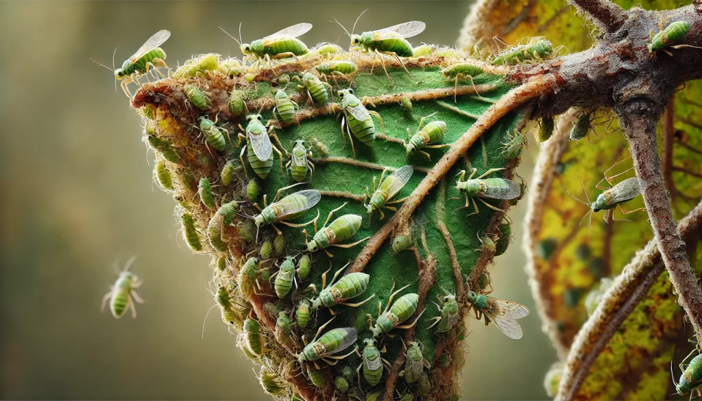 DALL·E 2024 08 20 11.36.16 A highly realistic close up image of aphids (pulgones) infesting a pecan tree (Carya illinoinensis). The scene focuses on a cluster of small, soft bod