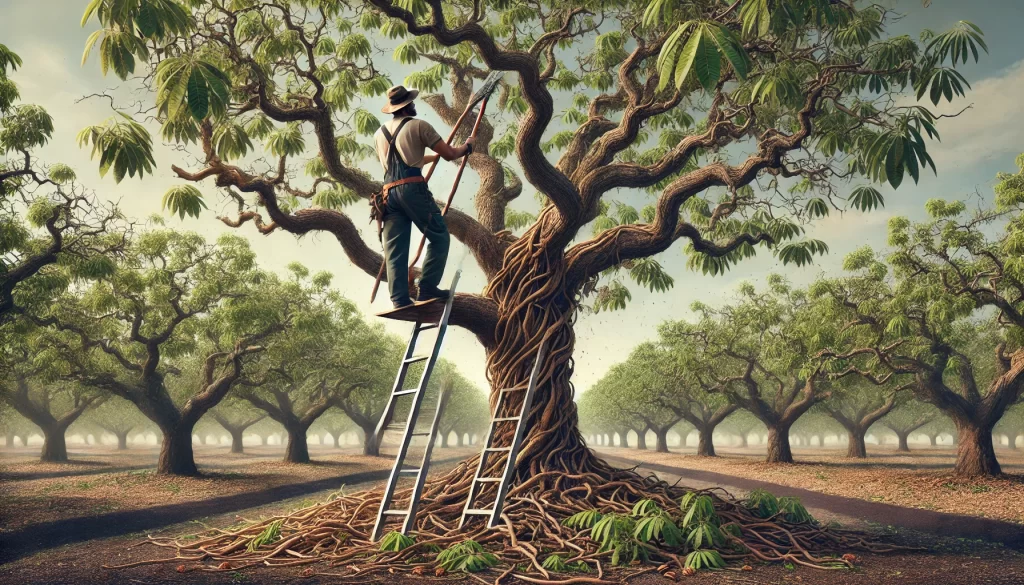 DALL·E 2024 08 20 11.39.46 A highly realistic image showing the pruning of a pecan tree (Carya illinoinensis). The scene captures a farmer standing on a ladder, using pruning sh