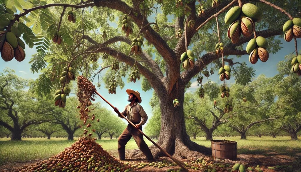 DALL·E 2024 08 20 11.44.00 A highly realistic image of a Mexican farmer using a long pole to knock down pecan nuts (Carya illinoinensis) from a large, mature pecan tree. The far