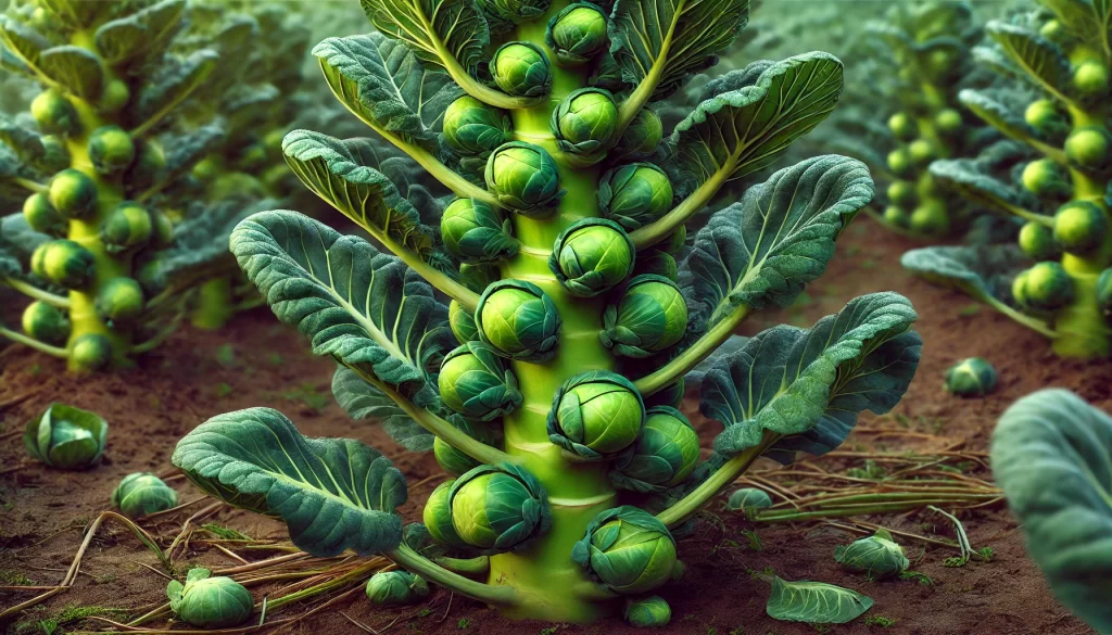 DALL·E 2024 08 20 11.47.46 A highly realistic close up image of Brussels sprout plants growing in a field. The image focuses on the thick, sturdy stalks with multiple round, gre