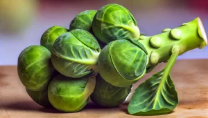 DALL·E 2024 08 20 11.48.49 A highly realistic close up image of freshly harvested Brussels sprouts. The image shows a cluster of round, green Brussels sprouts, still attached to