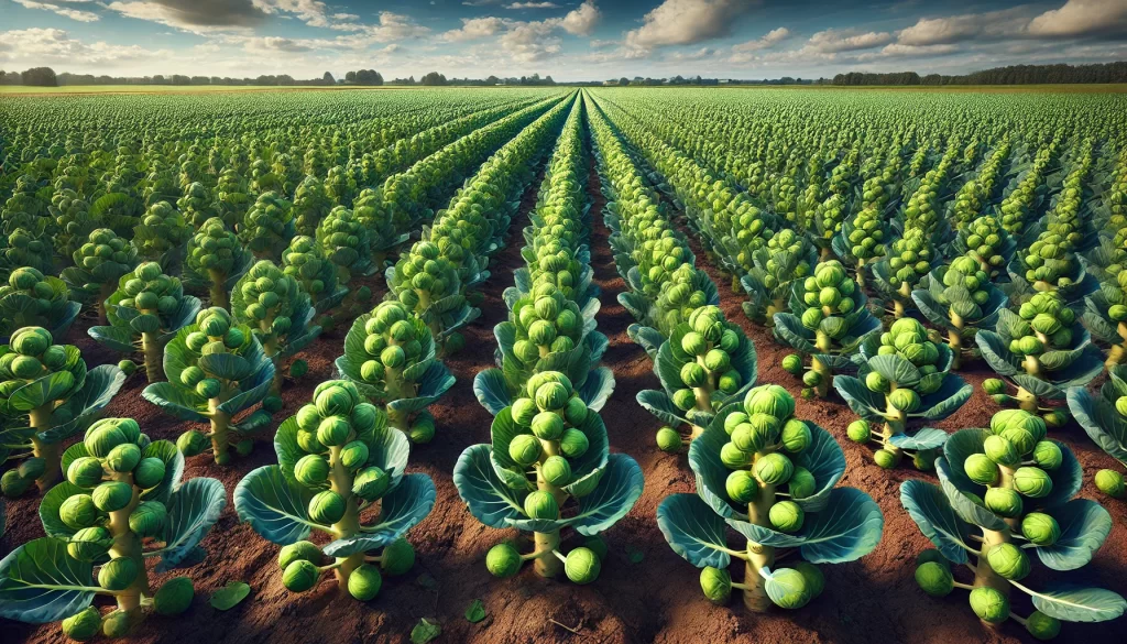 DALL·E 2024 08 20 11.50.49 A highly realistic image of a Brussels sprouts field. The scene shows rows of mature Brussels sprout plants growing in a well organized field. The pla