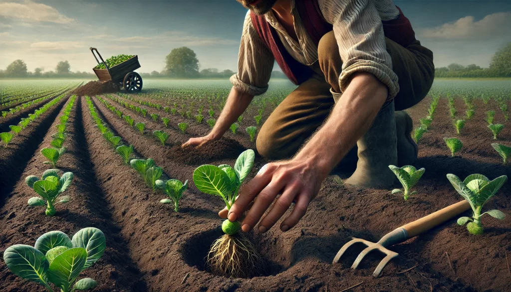 DALL·E 2024 08 20 11.51.53 A highly realistic image of a farmer transplanting a young Brussels sprouts seedling into a field. The scene shows the farmer, wearing traditional wor