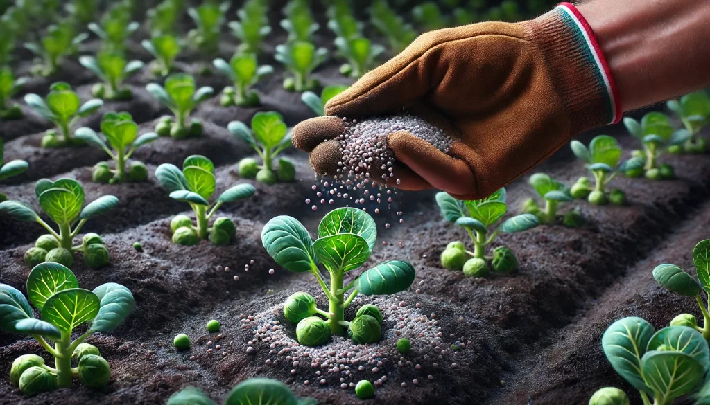 DALL·E 2024 08 20 11.53.22 A highly realistic close up image of a hand applying granular fertilizer to a young Brussels sprouts plant. The hand, wearing a gardening glove, is ca