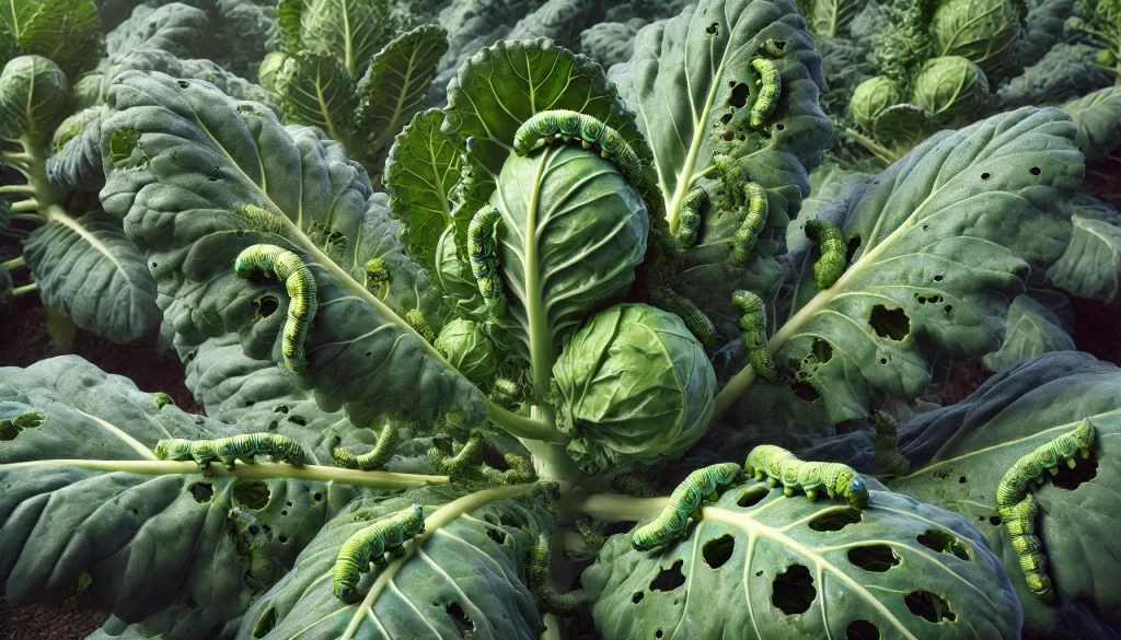 DALL·E 2024 08 20 11.54.20 A highly realistic close up image of cabbage worms (Pieris rapae) on Brussels sprouts plants. The scene focuses on several green caterpillars feeding