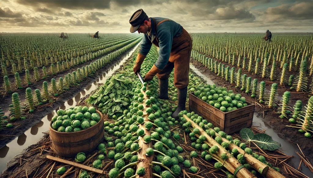 DALL·E 2024 08 20 11.56.20 A highly realistic image of the harvest of Brussels sprouts in a field. The scene shows a farmer cutting the stalks of mature Brussels sprouts with a