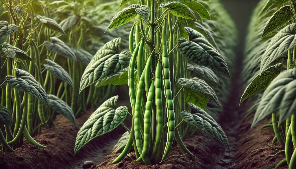 DALL·E 2024 08 20 12.01.51 A highly realistic close up image of a green bean (ejote) plant in a field. The image shows the plant's slender green stems with several mature green