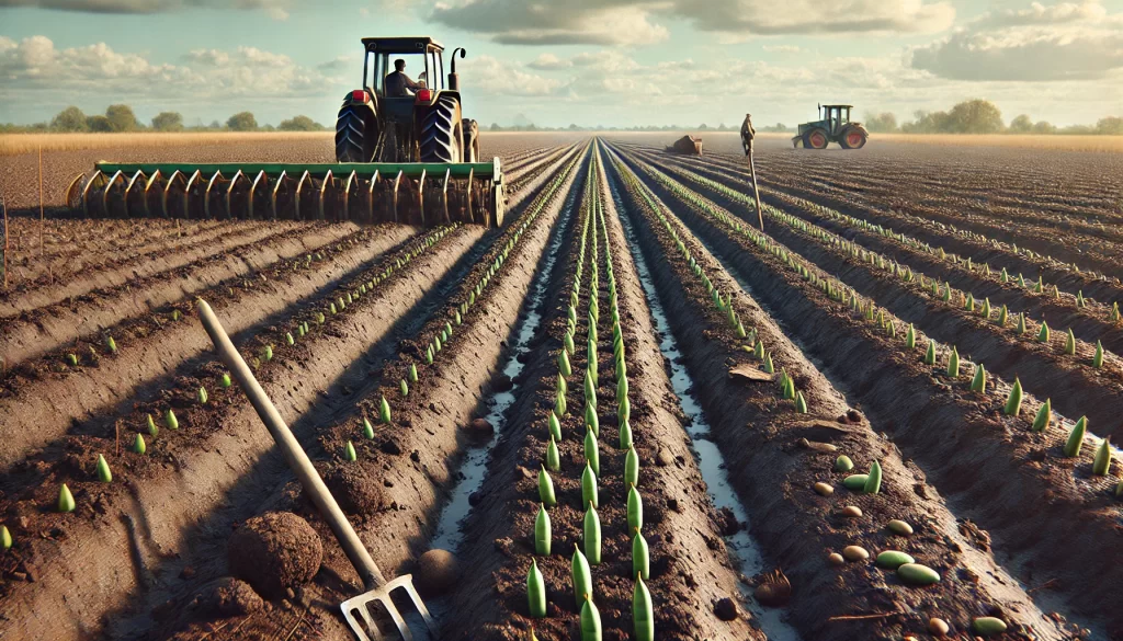 DALL·E 2024 08 20 12.04.15 A highly realistic image showing soil preparation for planting green beans (ejote) in a field. The scene depicts freshly tilled soil, dark and rich in