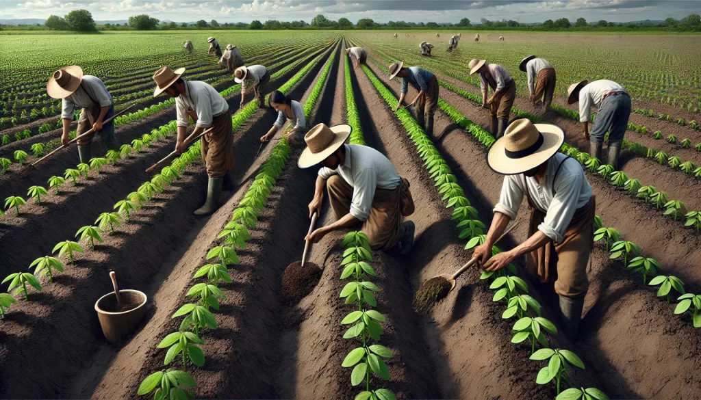 DALL·E 2024 08 20 12.20.14 A highly realistic image of farmers planting green beans (ejotes) in a field. The scene shows a group of farmers working together, dressed in traditio