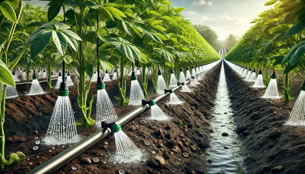 DALL·E 2024 08 20 12.21.11 A highly realistic image of a drip irrigation system in a green bean (ejote) field. The scene shows rows of healthy green bean plants, with black drip