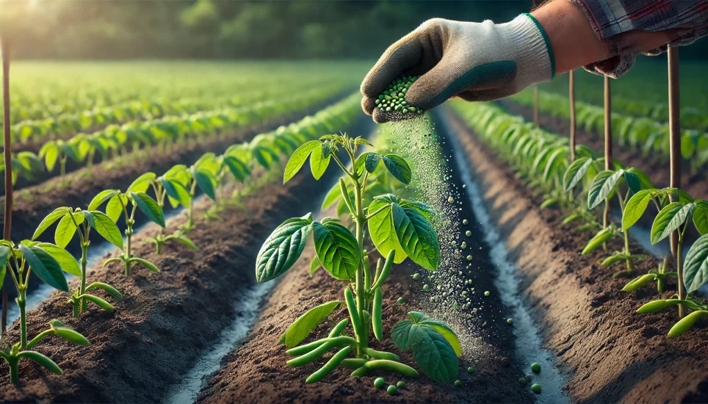 DALL·E 2024 08 20 12.22.43 A highly realistic image showing the application of granular fertilizer to a green bean (ejote) plant in a field. The scene depicts a farmer's hand, w