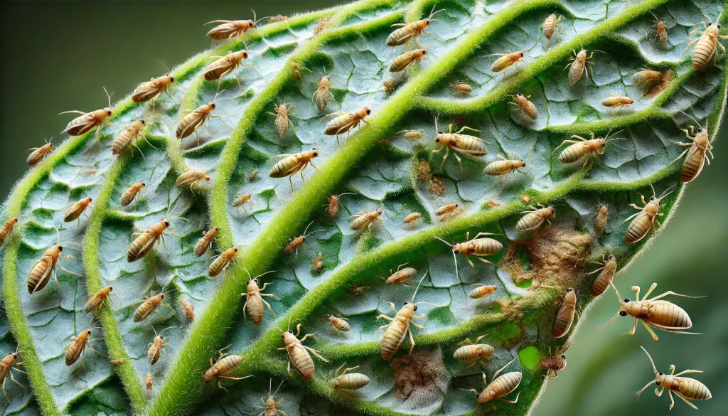 DALL·E 2024 08 20 12.23.47 A highly realistic close up image of thrips on a green bean (ejote) plant. The image shows several tiny thrips insects on the leaves of the plant, whi