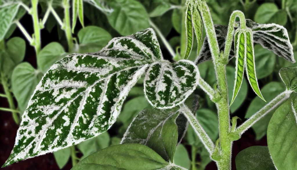 DALL·E 2024 08 20 12.24.56 A highly realistic close up image of a green bean (ejote) plant infected with powdery mildew (Erysiphe polygoni). The image shows the characteristic w