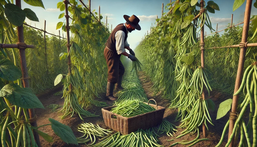 DALL·E 2024 08 20 12.25.48 A highly realistic image depicting the harvest of green beans (ejotes) in a field. The scene shows a farmer bending down to pick mature green beans fr