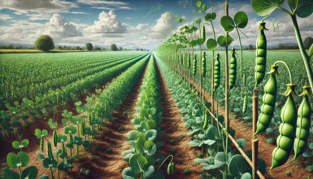 DALL·E 2024 08 20 12.36.02 A highly realistic image of a pea (chícharo) field in a rural setting. The scene shows rows of healthy pea plants growing in the field, with slender g