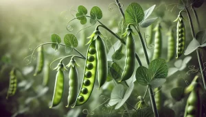 DALL·E 2024 08 20 12.36.23 A highly realistic close up image of a pea (chícharo) plant in a field. The image shows the slender green stems of the plant with delicate, tendril li