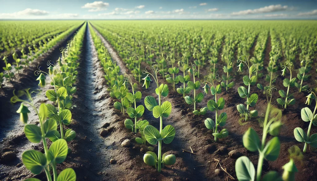 DALL·E 2024 08 20 12.37.44 A highly realistic image of young pea (chícharo) plants growing in a field. The scene shows rows of small, tender pea plants with slender green stems