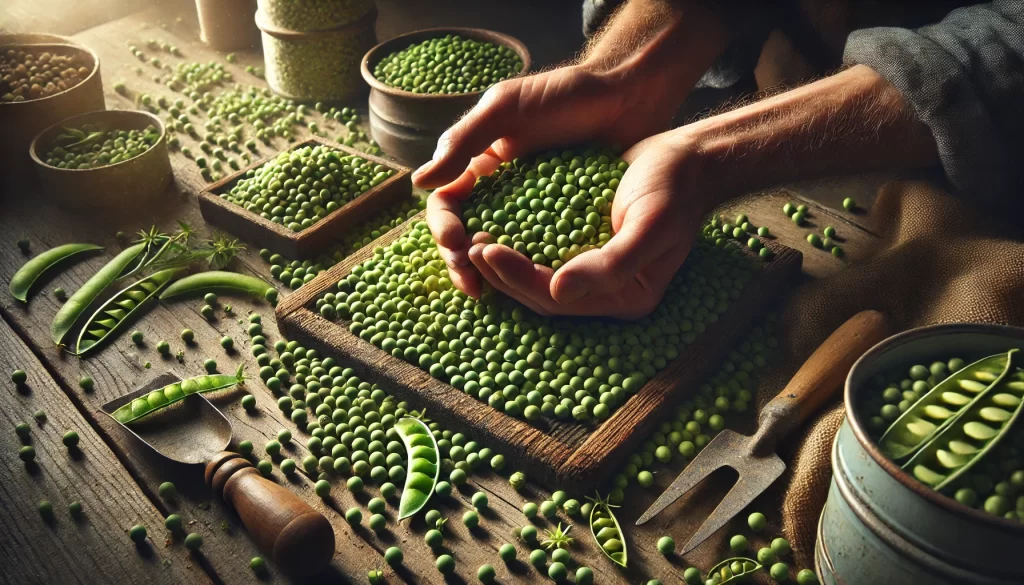 DALL·E 2024 08 20 12.38.47 A highly realistic image showing the preparation of pea (chícharo) seeds for planting. The scene depicts a farmer's hands carefully handling round, gr