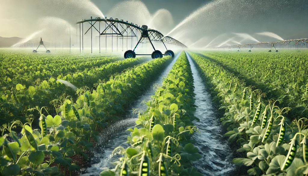 DALL·E 2024 08 20 12.40.12 A highly realistic image of a sprinkler irrigation system in a pea (chícharo) field. The scene shows a large field of mature pea plants, with water be