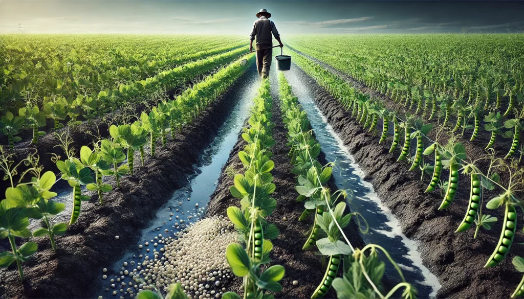 DALL·E 2024 08 20 12.41.54 A highly realistic image showing the fertilization of a pea (chícharo) field. The scene captures a farmer walking between rows of healthy pea plants,