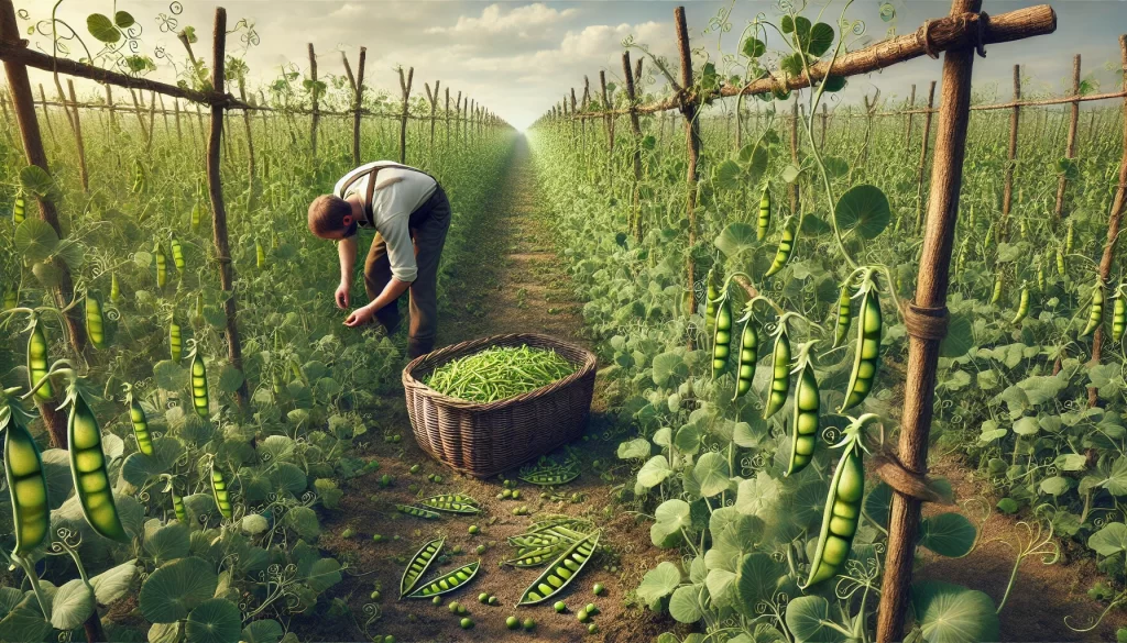 DALL·E 2024 08 20 13.04.09 A highly realistic image depicting the harvest of peas (chícharos) in a field. The scene shows a farmer carefully picking pea pods from the plants, wh