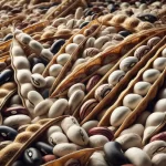 DALL·E 2024 08 20 13.06.53 A highly realistic close up image of freshly harvested beans (frijoles). The scene shows a pile of beans in their pods, which are slightly dried but s