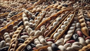 DALL·E 2024 08 20 13.06.53 A highly realistic close up image of freshly harvested beans (frijoles). The scene shows a pile of beans in their pods, which are slightly dried but s