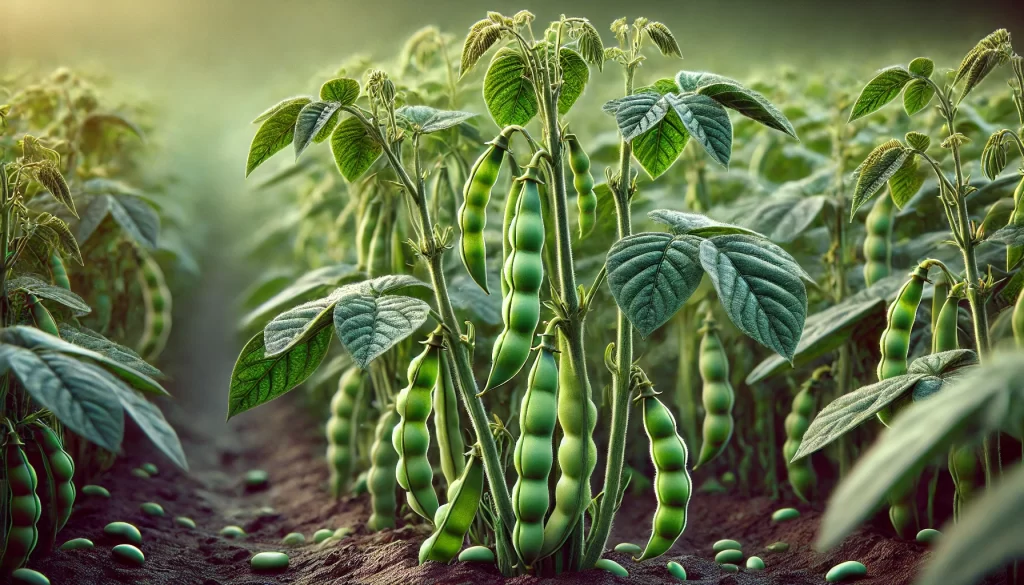 DALL·E 2024 08 20 13.08.39 A highly realistic close up image of a bean (frijol) plant growing in a field. The image shows the plant's slender green stems with broad, green leave