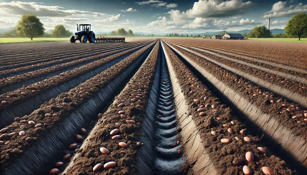 DALL·E 2024 08 20 13.10.04 A highly realistic image showing the preparation of soil for bean (frijol) cultivation in a field. The scene depicts a freshly plowed field with dark,