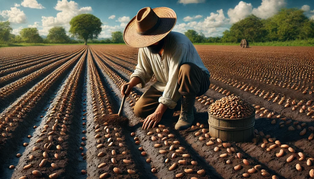 DALL·E 2024 08 20 13.10.58 A highly realistic image of a farmer planting beans (frijoles) in a field. The scene shows the farmer kneeling on the ground, carefully placing bean s