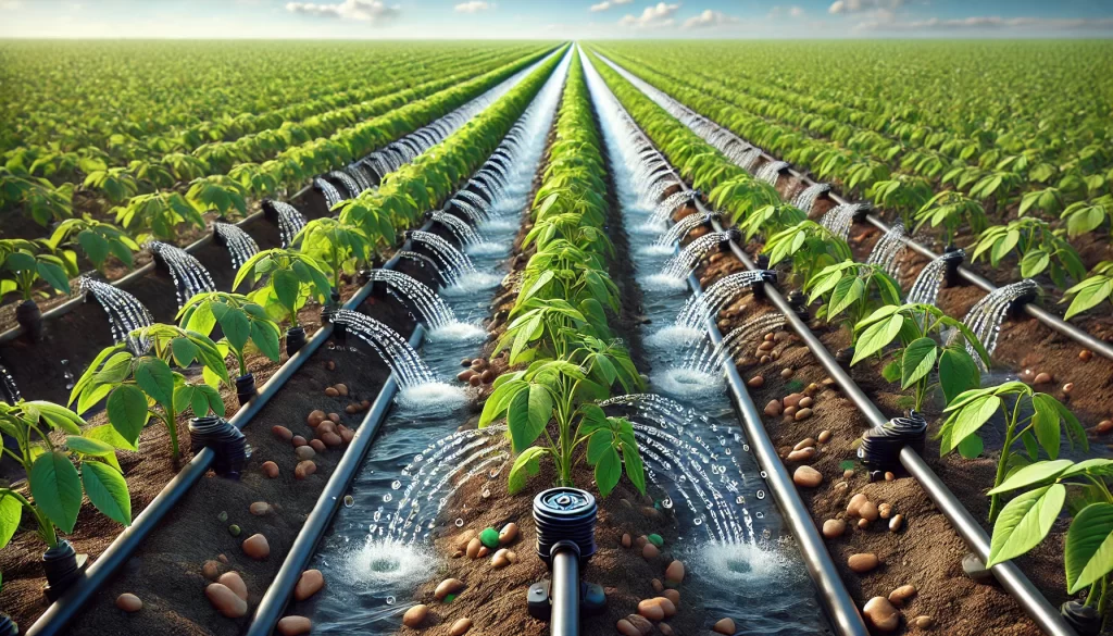 DALL·E 2024 08 20 13.11.56 A highly realistic image of a drip irrigation system in a bean (frijol) field. The scene shows rows of healthy bean plants with black drip irrigation