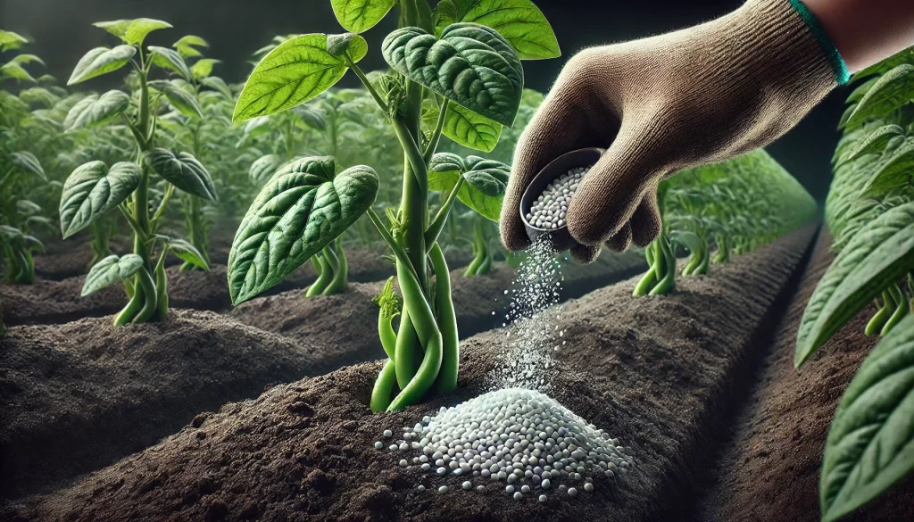 DALL·E 2024 08 20 13.13.07 A highly realistic close up image of a bean (frijol) plant with granular fertilizer being applied to the soil around its base. The scene shows a hand,