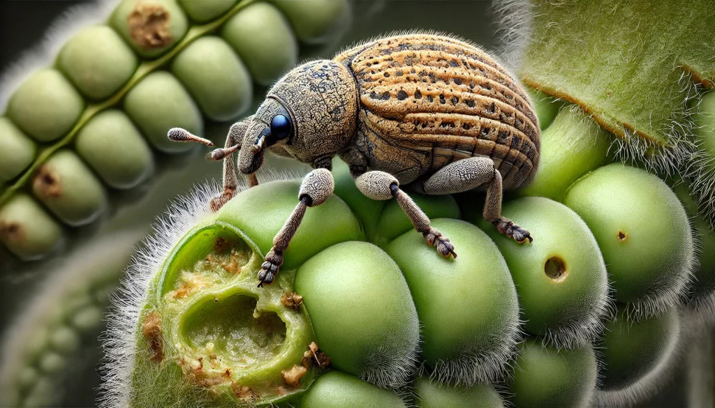 DALL·E 2024 08 20 13.14.00 A highly realistic close up image of the bean weevil (Acanthoscelides obtectus) on a bean (frijol) plant. The image shows the small, oval shaped insec