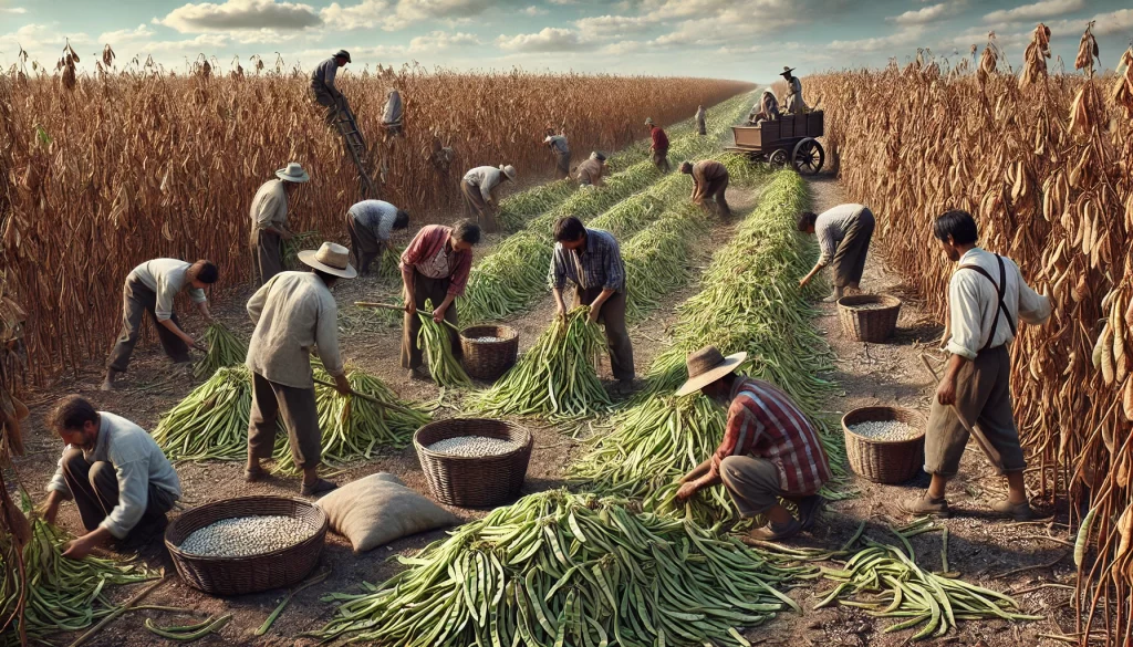 DALL·E 2024 08 20 13.15.05 A highly realistic image of the bean (frijol) harvest in a field. The scene shows a group of farmers working together to harvest the beans. They are u