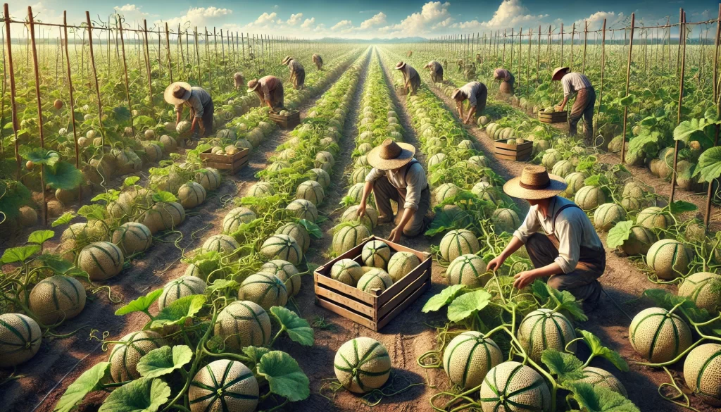 DALL·E 2024 08 20 13.19.26 A highly realistic image of a melon (Cucumis melo) harvest in a field. The scene shows a group of farmers carefully picking ripe melons from the plant