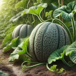 DALL·E 2024 08 20 13.21.04 A highly realistic close up image of melons (Cucumis melo) growing in a field. The image shows several ripe melons resting on the soil, surrounded by