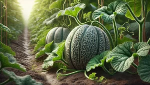 DALL·E 2024 08 20 13.21.04 A highly realistic close up image of melons (Cucumis melo) growing in a field. The image shows several ripe melons resting on the soil, surrounded by