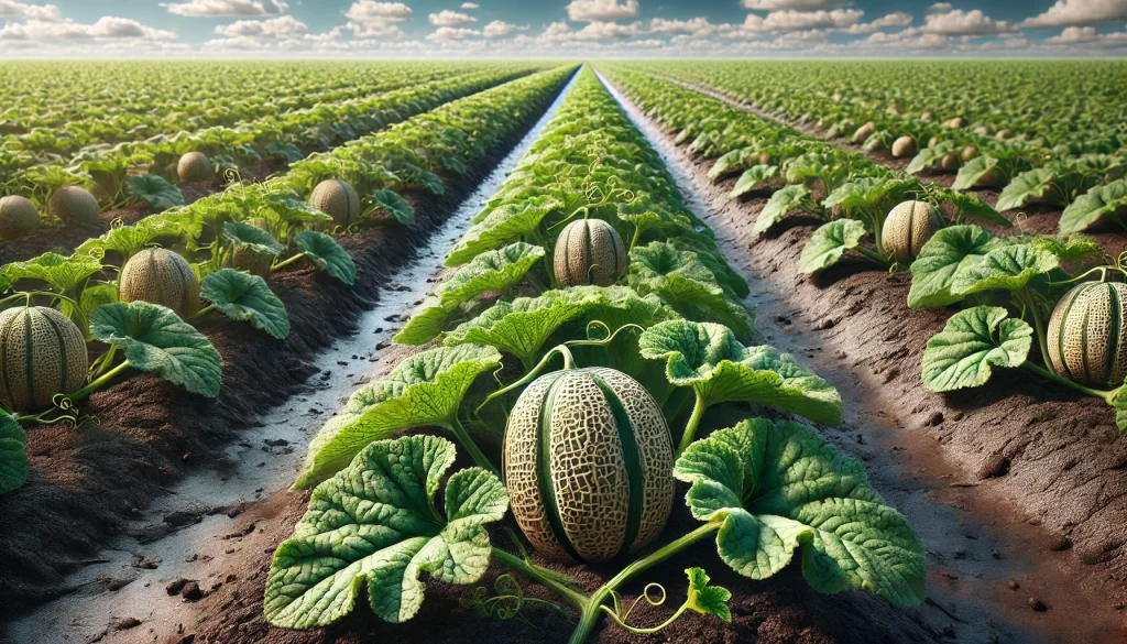 DALL·E 2024 08 20 13.22.40 A highly realistic image of a melon (Cucumis melo) field in a rural agricultural setting. The scene shows rows of melon plants growing in neat lines,