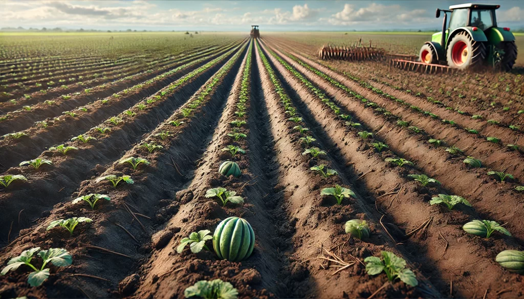 DALL·E 2024 08 20 13.24.05 A highly realistic image showing the preparation of soil for planting melons (Cucumis melo) in a field. The scene depicts freshly plowed soil, dark an